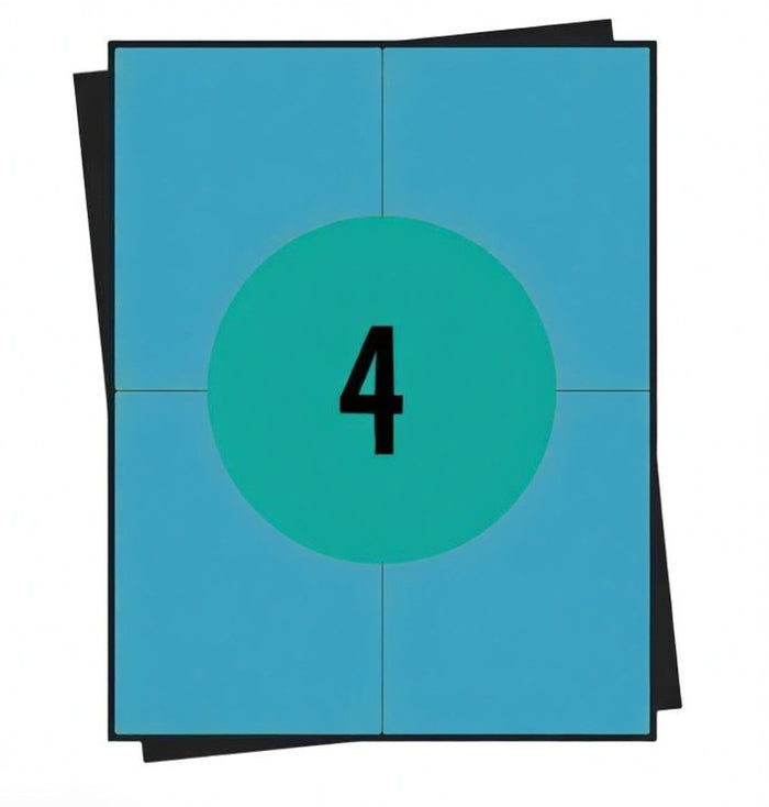 A4 stickervellen blauw,  4 per vel, 105 x 148 mm, permanent - 100 vellen