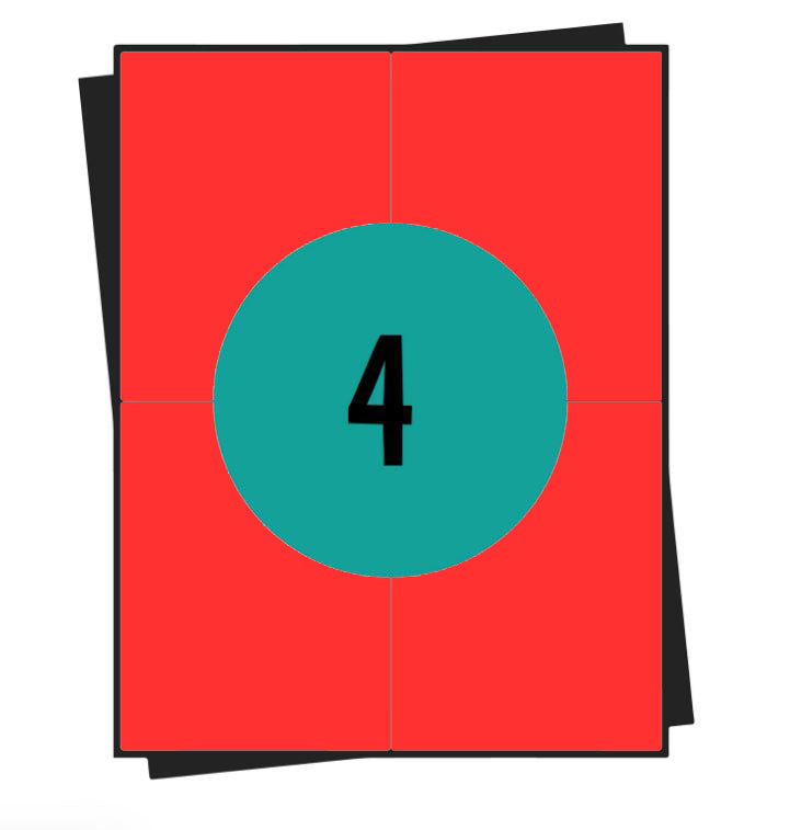 A4 stickervellen rood,  4 per vel, 105 x 148 mm, wit, permanent - 100 vellen