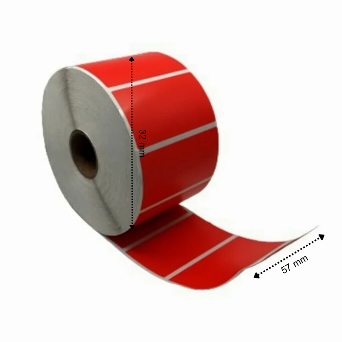 Thermische etiket, 57 mm x 32 mm Rood, 1500 etiketten per rol, kern 25 mm, ECO, permanent